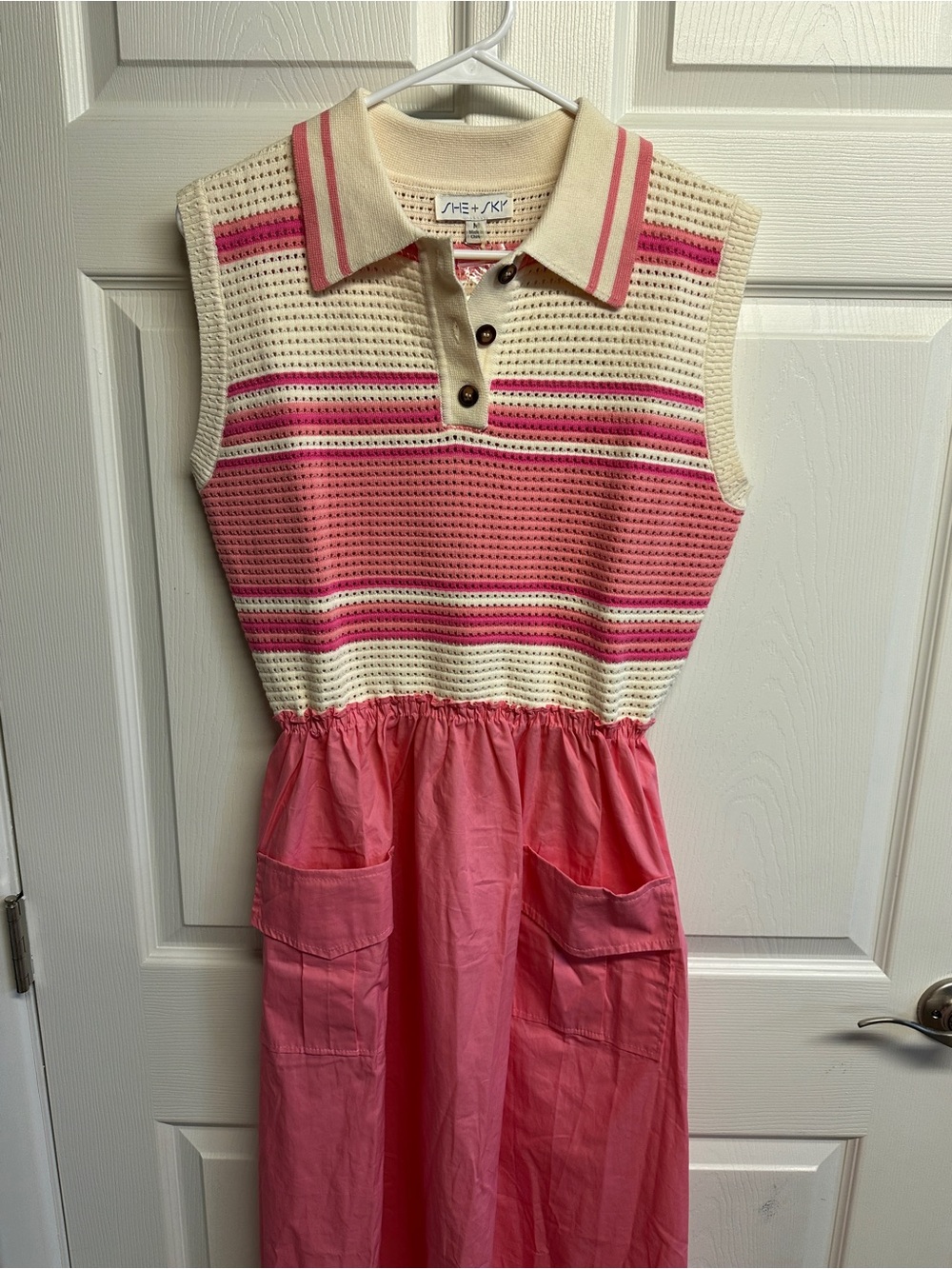 She + Sky Cream and Pink Striped Knit-Paneled Girls Dress - Picture 1 of 3